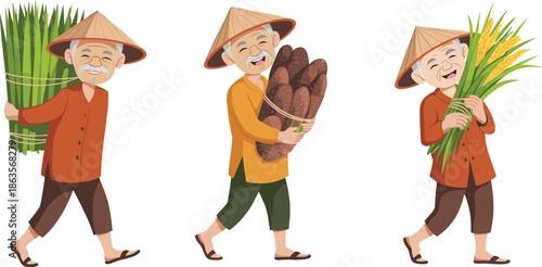Asian old farmer cartoon character, holding crops, walking happily, agriculture illustration, traditional hat, farming life, vector rural man