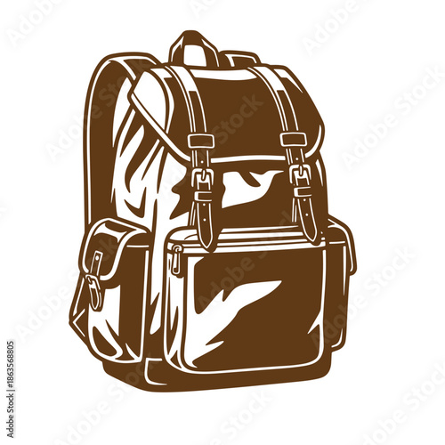 Brown backpack illustration with straps and pockets isolated on transparent background