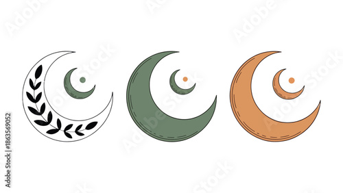 Crescent Moon Trio: Three stylized crescent moons, each in a unique design, evoke a sense of serene beauty, each symbolizing a chapter of spirituality or the passage of time.