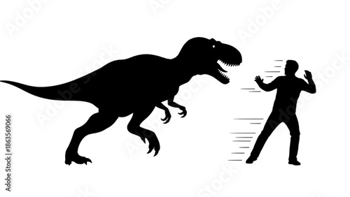Dinosaur Chasing Human Silhouette Action, Prehistoric Creature, Black and White Illustration, Dynamic Concept