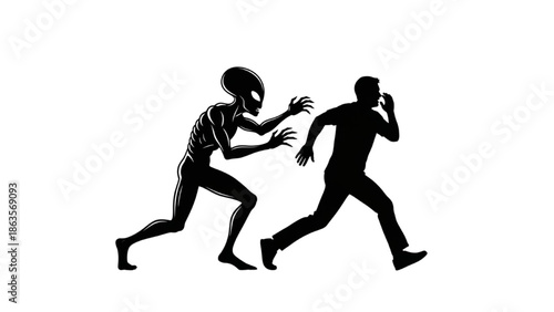 Chase Scene Illustration Showing Alien Creature Pursuing Man in Urban Environment Silhouette
