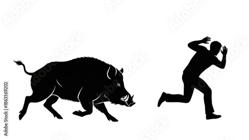 Wild Boar Chasing Man Silhouette Graphic Illustration, Action Scene, Outdoor Environment, Side View