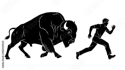 Bison Chasing Man Silhouette Wild Animal Attack Survival Scene