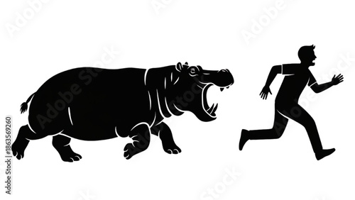 Man Running from Charging Hippo Illustration, Silhouette Style, Action Chase Scene, Graphic Design
