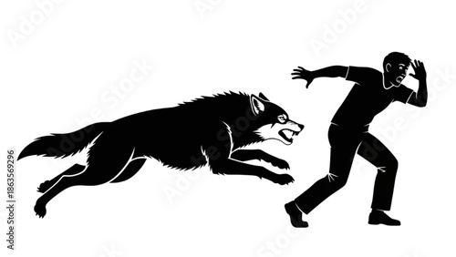 Wolf Attack Silhouette Man Running From Aggressive Predator Danger Scene