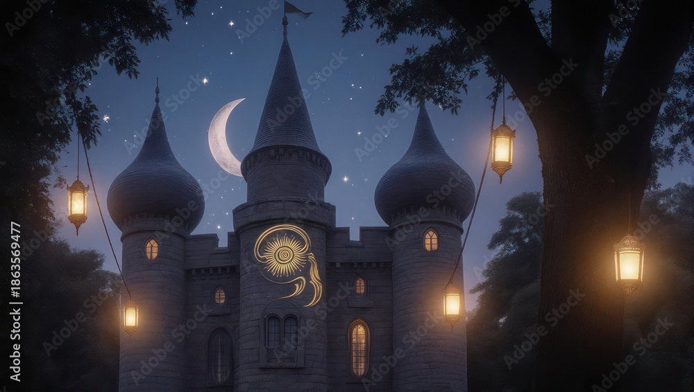 Fototapeta premium Enchanting Nighttime Castle Scene with Crescent Moon and Lanterns.