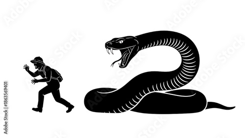 Man Running from Large Aggressive Snake Illustration, Danger Concept, Black and White Graphic