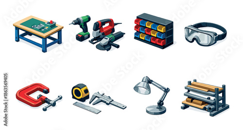 Workshop tools collection: workbench, drill, goggles, lamp, vise, c-clamp, tape measure