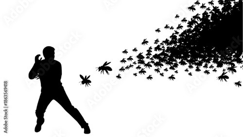 Bee Attack Silhouette Man Defending Against Swarm Danger Concept