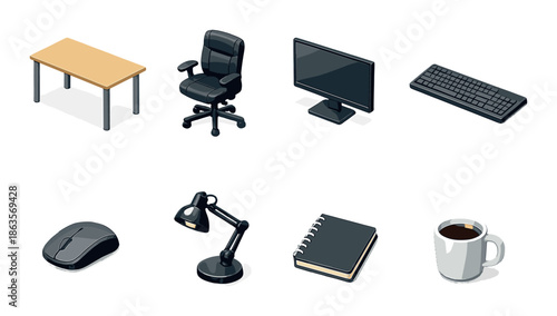 Office equipment icons: desk, chair, monitor, keyboard, mouse, lamp, notebook, coffee