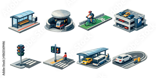 Urban transportation icons: bus stop, subway, biker, parking, traffic light, pedestrian, taxi, cars