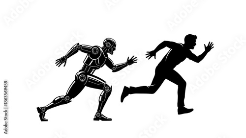 Chase Scene Between Human and Robot Silhouette on White Background, Digital Illustration, Futuristic Concept