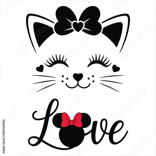 Cute Cat Face with Bow and Love Text on White kitten