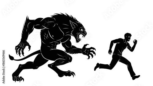 Chase Scene, Werewolf and Running Man, Silhouette Illustration, Dark Background, Action Concept