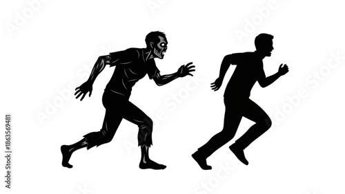 Zombie Chasing Man Silhouette Horror Survival Concept