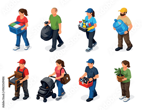 Diverse group of people carrying household items: men and women with groceries, laundry, and boxes