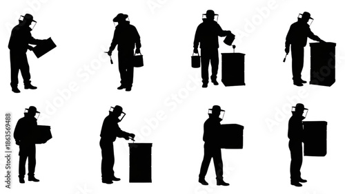 Beekeeper Working Silhouette Set Apiary Protective Poses