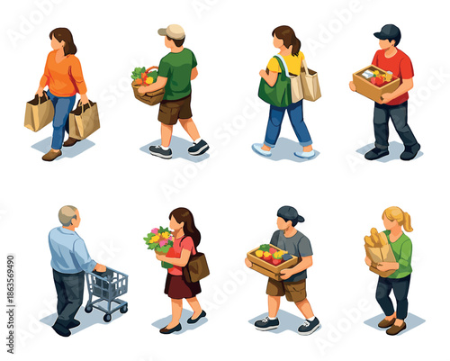 Diverse group of people grocery shopping with bags and carts