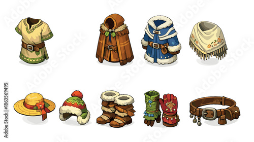 Colorful fantasy clothing and accessories collection for various seasons