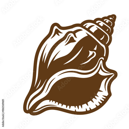 Brown conch seashell illustration in brown color on white background