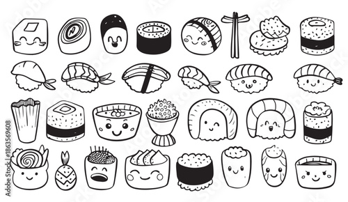 sushi illustration pattern, japanese food doodles, asian cuisine artwork, hand drawn sushi art, black food illustration, culinary japan design, seamless food pattern, restaurant decor illustration, fo