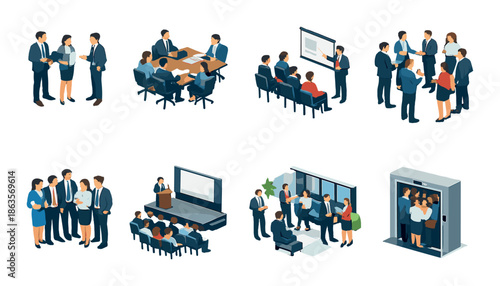 Isometric office settings with diverse business teams in various professional scenarios