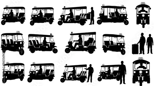 Various Tuk Tuk Auto Rickshaws and Drivers Silhouettes in Multiple Poses and Angles Illustration