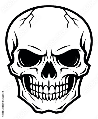 Dark grinning skull with ominous aura on gray background
