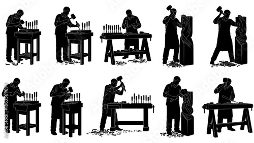 Carpenter Working Silhouette Set Woodworking Workshop Poses