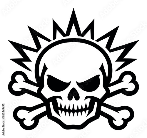 Dark grunge skull with crossbones and radiating spikes on gray background