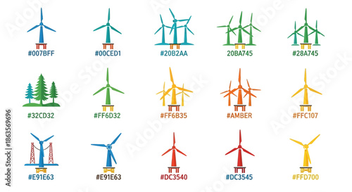 Colorful Collection of Wind Turbines and Alternative Energy Illustrations Diverse palette