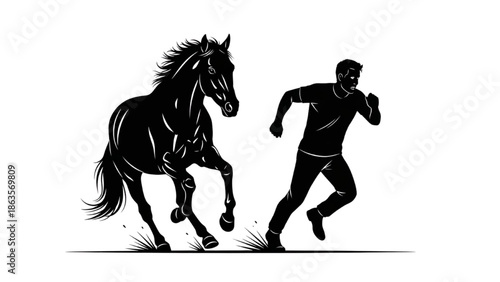 Man Running Away from Galloping Horse Silhouette in Dynamic Action Illustration