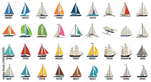 Diverse collection of stylized sailboats featuring various designs and color palettes against a