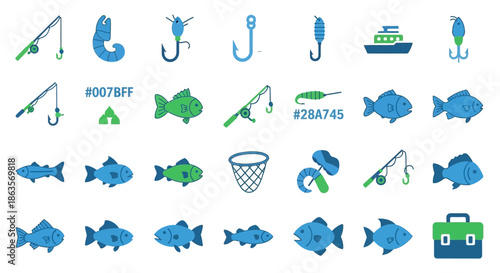 Fishing icon set including rods, hooks, fishes, and other elements in vector format perfect for