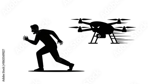 Man Running Away from Drone in Silhouette Graphic, Isolated Background, Technology Concept