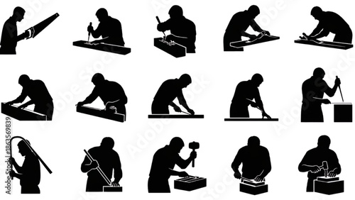 Carpenter Working Silhouette Set Woodworking Poses