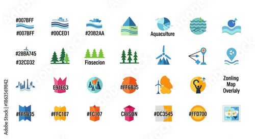 Collection of colorful environmental icons and graphics representing ecological concepts and