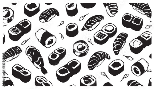 sushi illustration pattern, japanese food artwork, asian cuisine doodles, hand drawn sushi art, black food illustration, culinary japanese design, seamless sushi pattern, restaurant decor artwork, foo