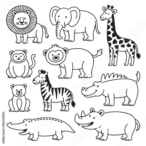A collection of cute cartoon animals including a lion elephant giraffe monkey bear cub zebra rhinoceros hippopotamus and teddy bear in a simple line drawing style