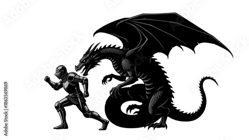 Epic battle scene with armored knight fighting a fierce black dragon in fantasy illustration