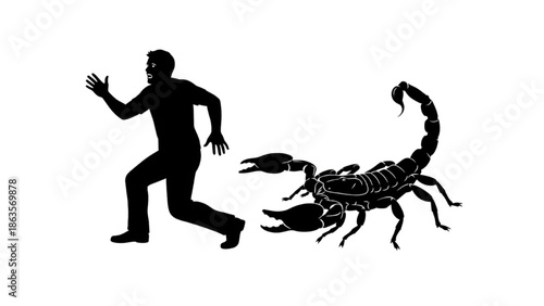 Man Running from Large Scorpion Illustration in Black Silhouette, Graphic Design Concept