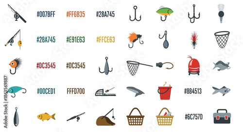 Fishing Equipment Icons Collection: Rods, Hooks, Nets, and Accessories Illustration