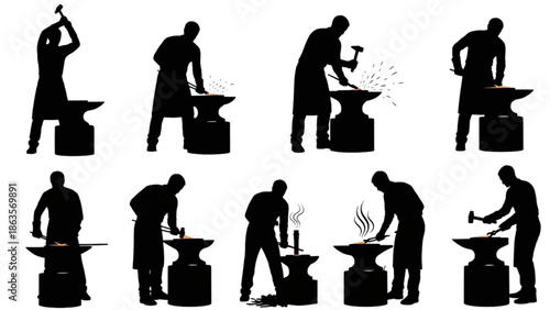 Blacksmith Forging Metal Tools Silhouettes in Workshop Industrial Environment Side View
