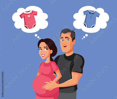 Mom Wants a Girl Dad Wants a Boy Concept Illustration. Happy family thinking about which gender will the baby have?
