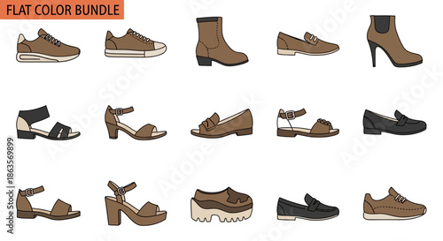 Illustration showcasing a flat color bundle collection of diverse shoe styles footwear fashion