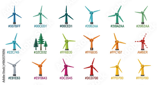 A Colorful Collection of Wind Turbine Icons with Hex Color Codes Displayed Below Each Design