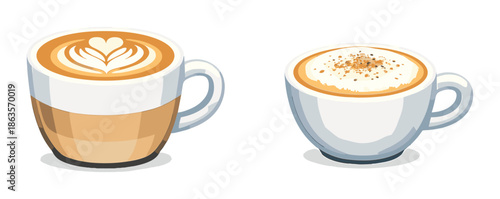 Artistic latte and cappuccino with foam heart and cinnamon topping