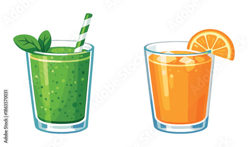Two refreshing drinks: vibrant green smoothie and citrus orange juice
