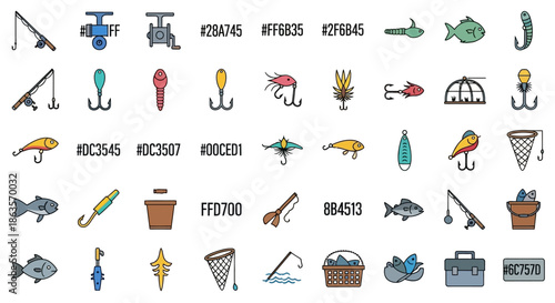 Collection of fishing equipment icons in bright colors for outdoor activities, featuring rods and