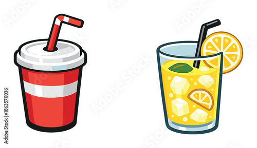 Colorful beverage icons: red cup with straw and orange juice with ice and lemon slice
